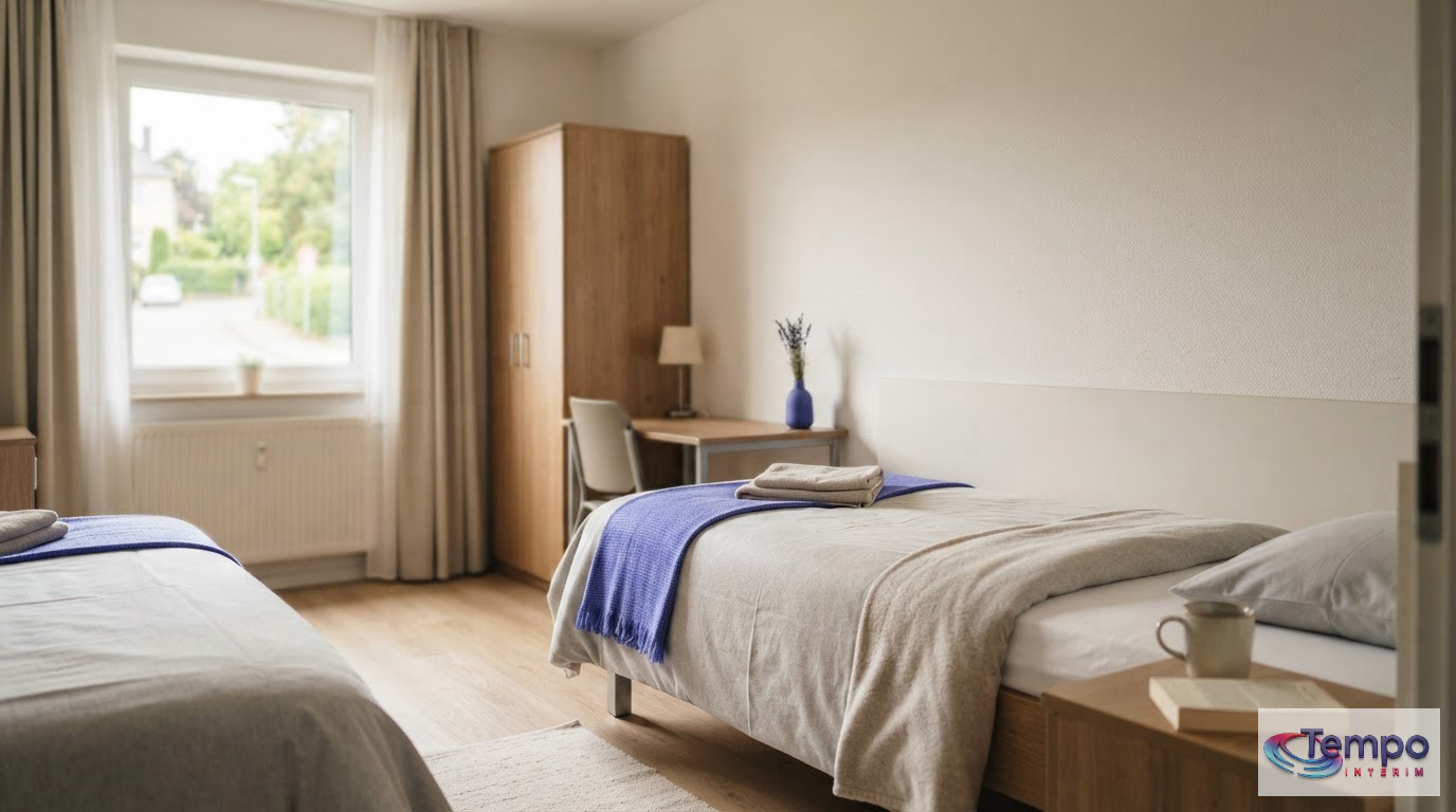Un intérieur de logement temporaire propre et accueillant pour les travailleurs.