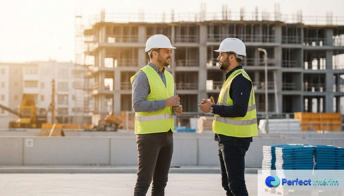 Responsables de chantier et inspecteur discutant, conformité assurée.