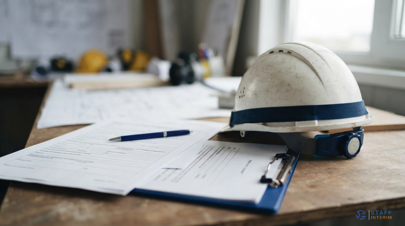 Documents administratifs et casque de chantier illustrant la conformité légale en entreprise.
