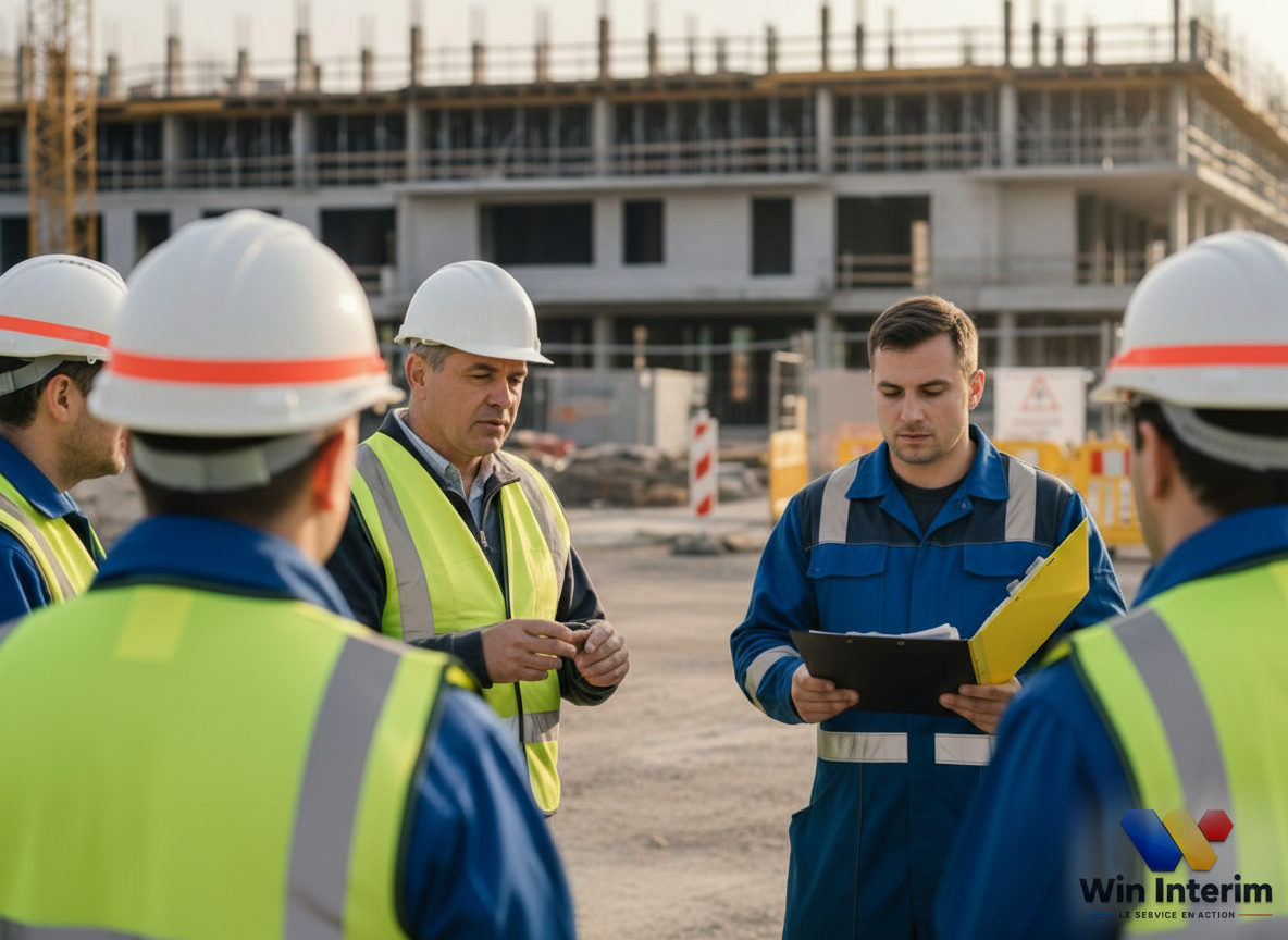Travailleurs du BTP lors d'un briefing de sécurité sur un chantier.