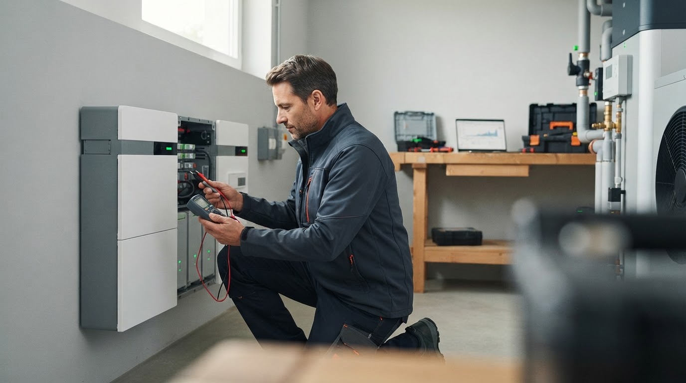 Technik nastavuje bateriové úložiště v technické místnosti rodinného domu.