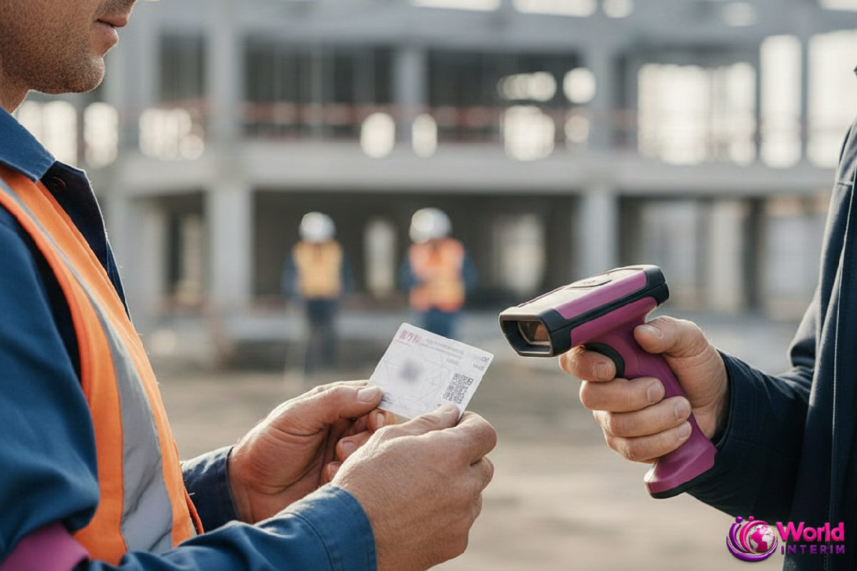 Inspecteur vérifiant la conformité d'une carte BTP avec un QR code.