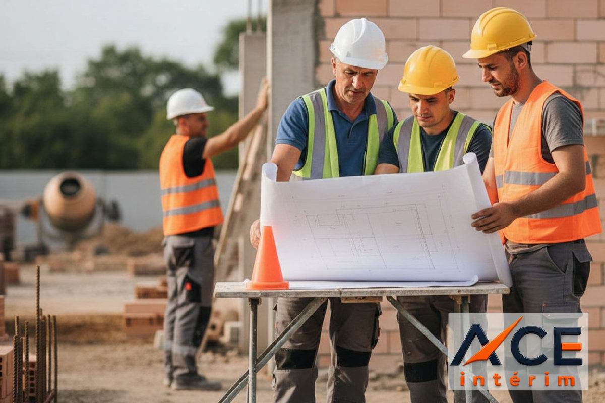 Maçons roumains qualifiés discutant de plans sur un chantier.