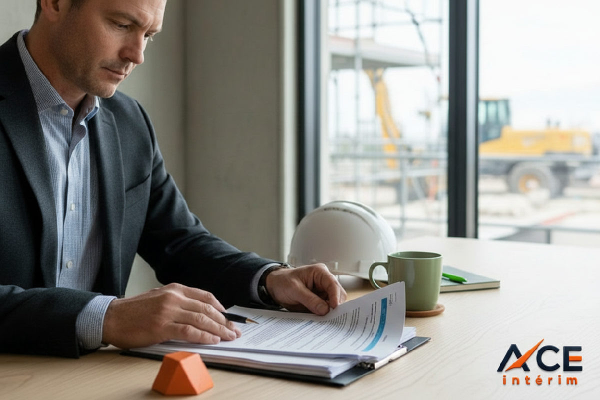 Bureau de chantier moderne avec un manager examinant un contrat.