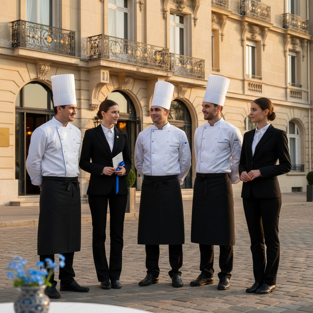 Un groupe de cuisiniers et serveurs roumains en uniforme de travail, posant devant un hôtel de luxe en France, symbolisant une équipe cohérente et qualifiée.