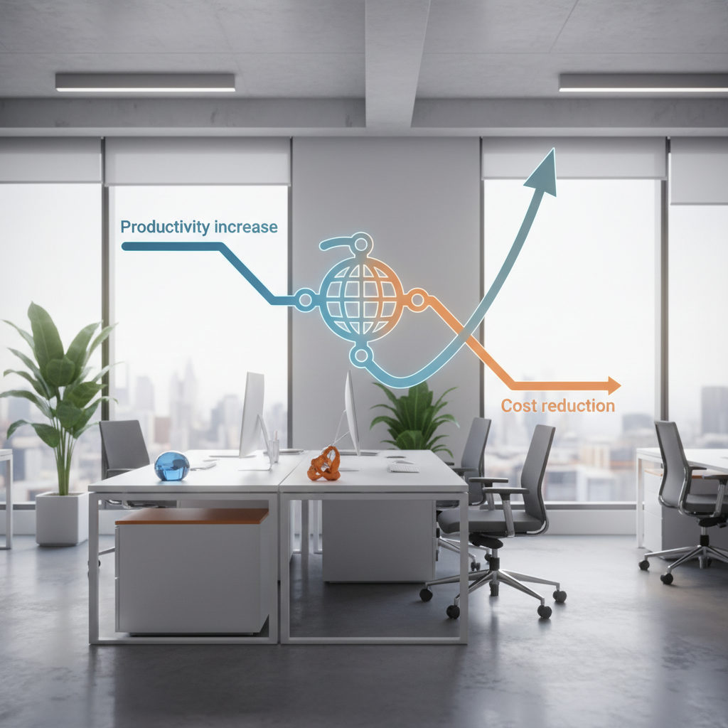 Un graphique stylisé montrant la hausse de la productivité et la baisse des coûts grâce au recrutement international, placé dans un contexte de bureau RH moderne.