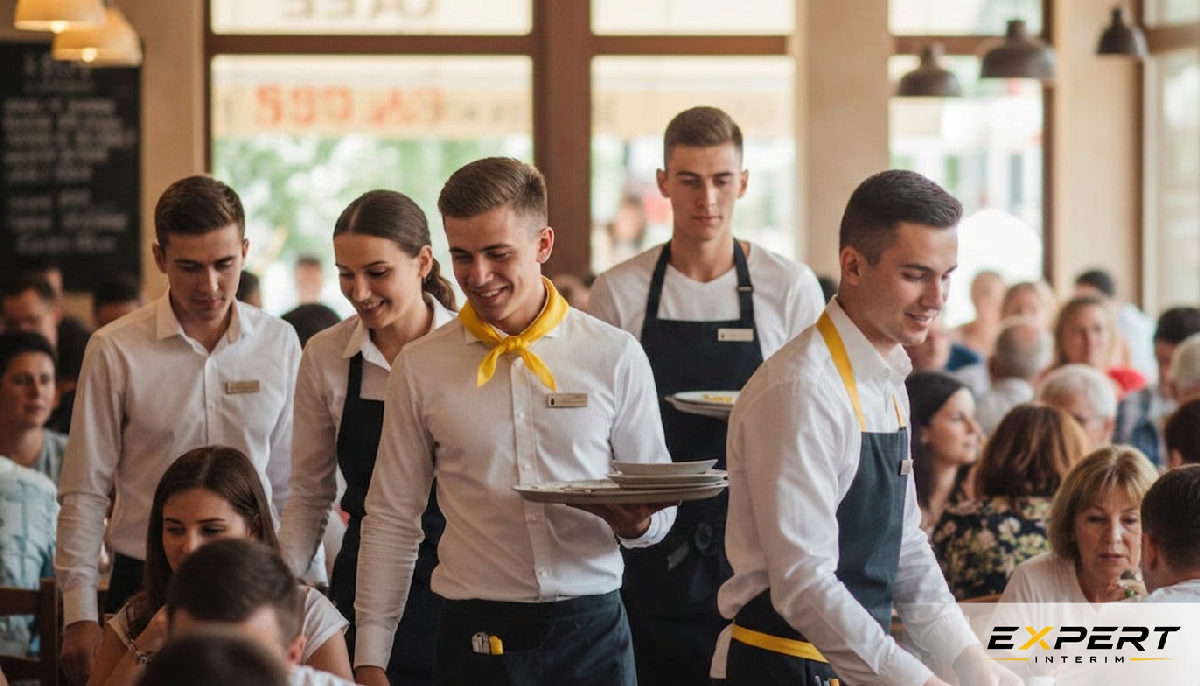 intérimaires roumains HCR soldes été - Personnel de restauration souriant dans un restaurant bondé.