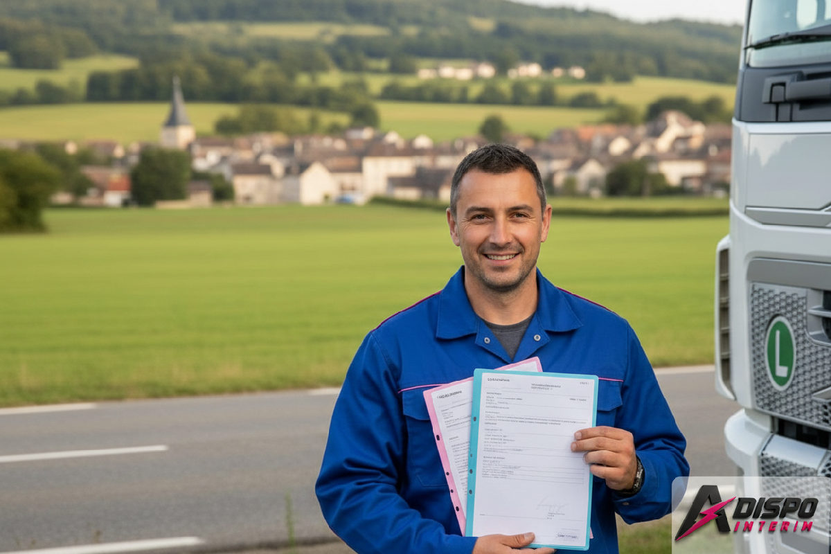 Chauffeur roumain souriant avec son camion et documents de détachement en règle.