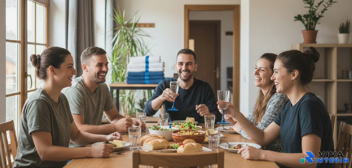 Travailleurs roumains partageant un repas dans leur logement en France.