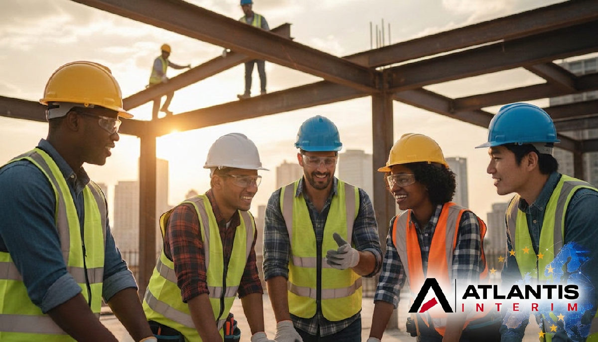Équipe diverse et soudée sur un chantier BTP.