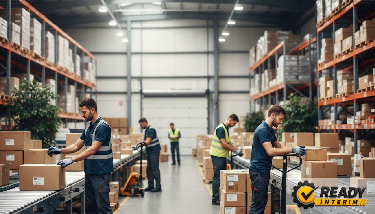 recrutement logistique pics estivaux ouvriers roumains - Entrepôt logistique animé en été, préparation des pics d'activité.