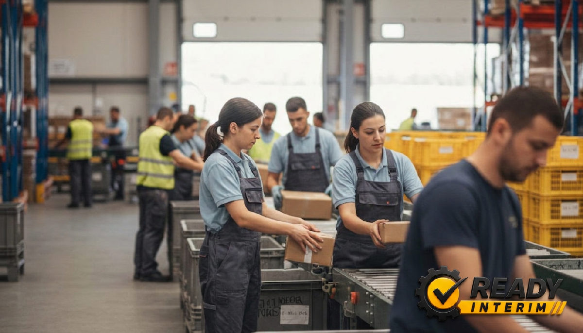 Équipe diversifiée, y compris des Roumains, triant des colis en été.