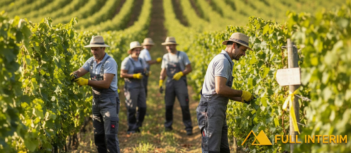 avantages intérim vs saisonnier viticulture - Vignoble français ensoleillé avec des travailleurs des vignes.