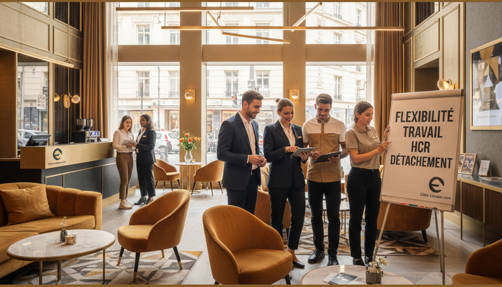 flexibilité travail HCR détachement - Personnel diversifié collaborant dans un hall d'hôtel moderne.
