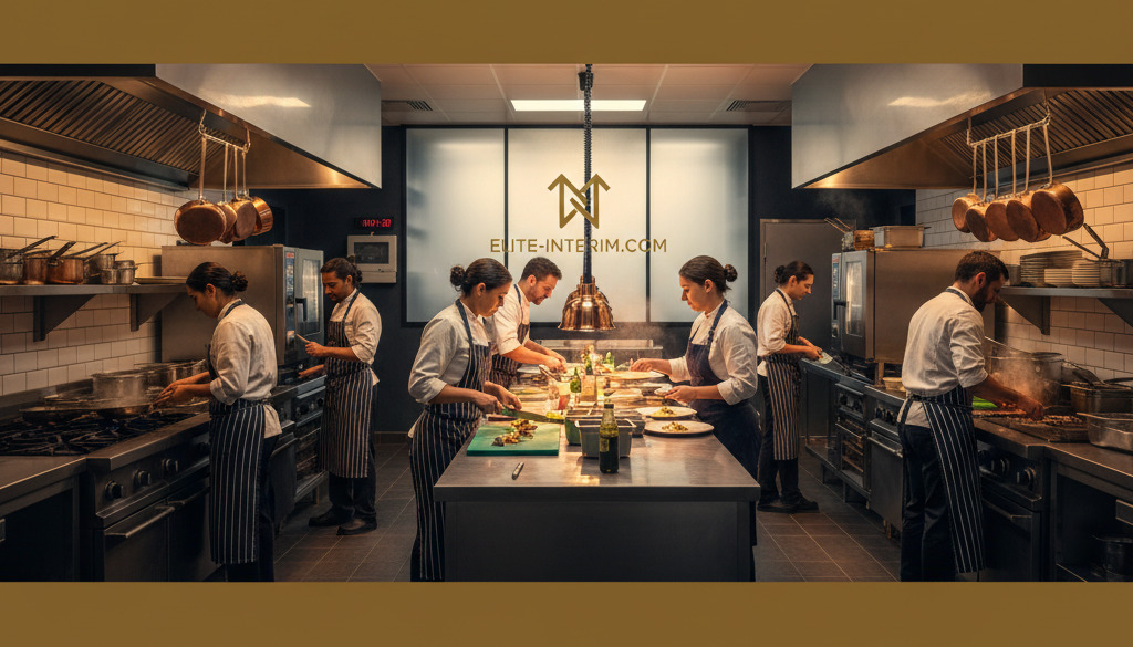 Chefs cuisiniers travaillant ensemble sous pression dans une cuisine haut de gamme.
