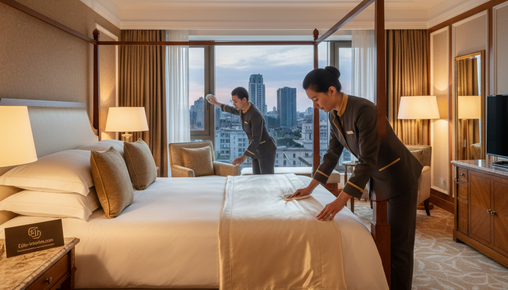 Personnel d'étage nettoyant méticuleusement une chambre d'hôtel de luxe.