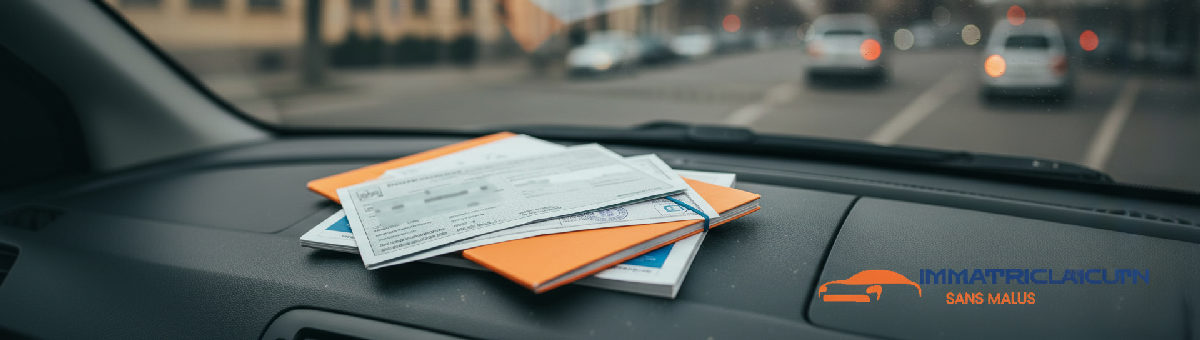 Carte grise et assurance roumaines sur le tableau de bord d'une voiture.