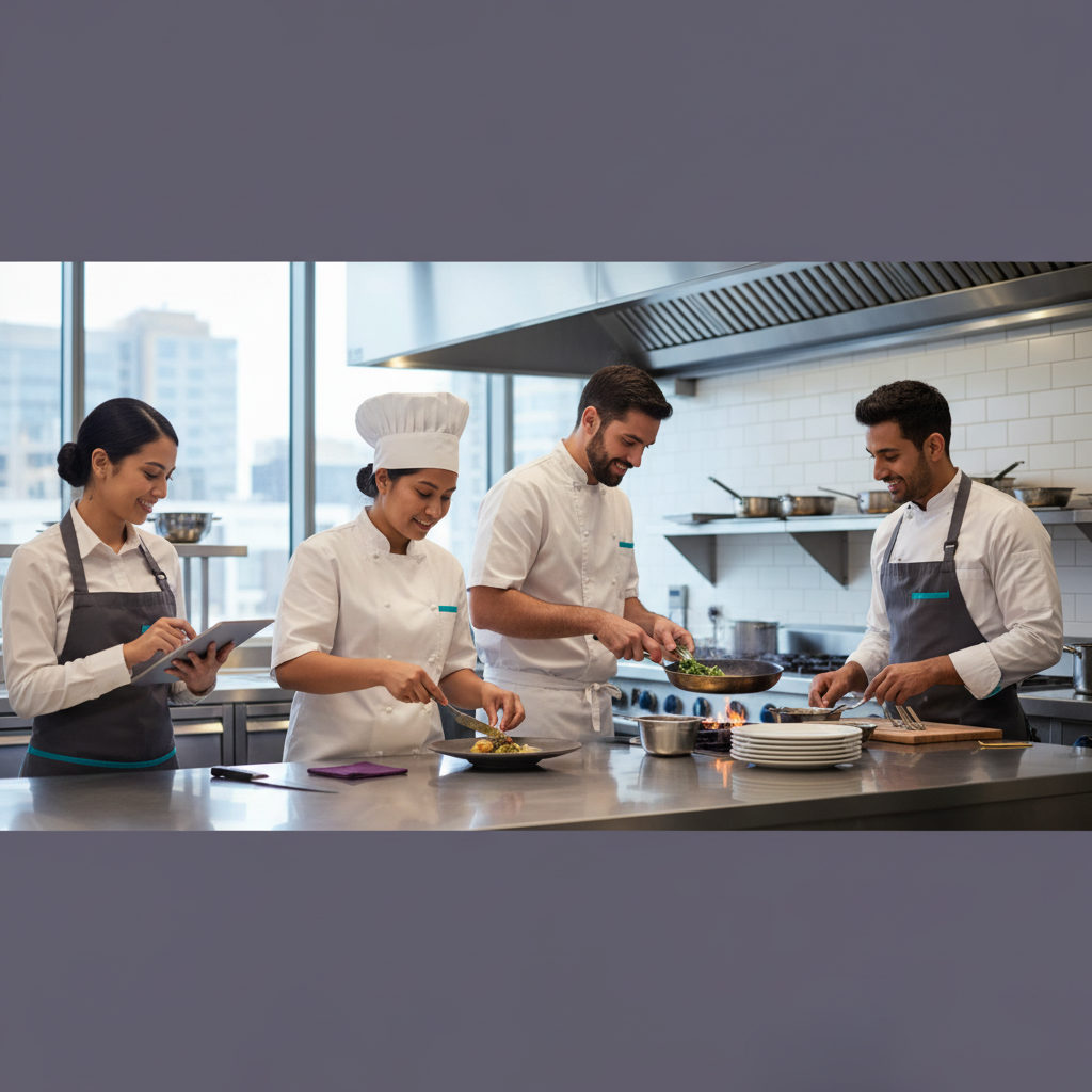 Une équipe mixte de cuisiniers et serveurs travaillant efficacement dans une cuisine moderne.
