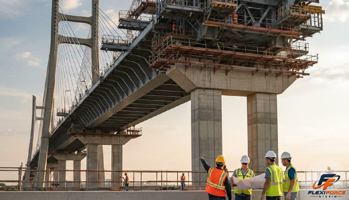 Ouvriers et ingénieurs supervisant la construction d'un pont.