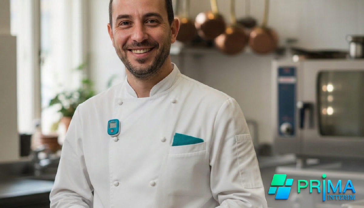 Portrait d'un cuisinier roumain souriant dans un cadre professionnel.
