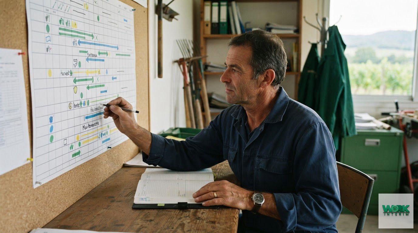 Un exploitant planifie des missions agricoles saisonnières sur un document de travail.