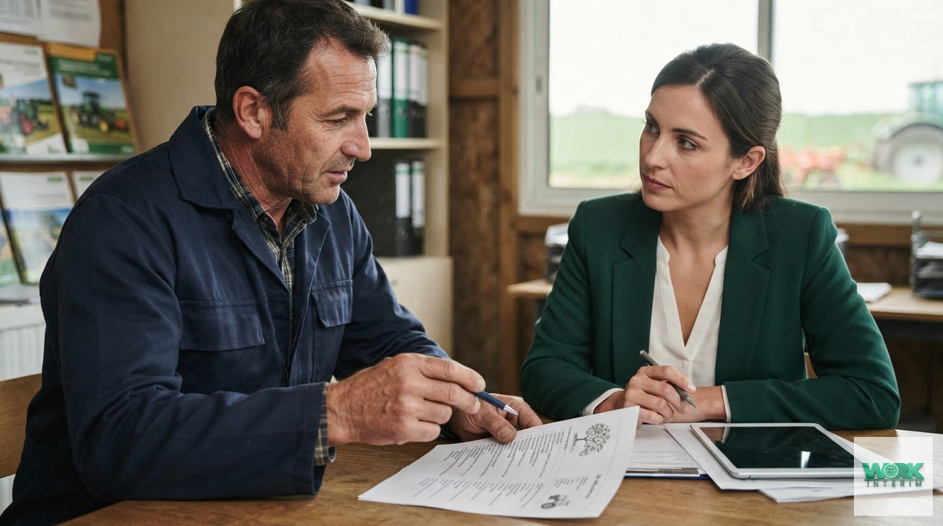Un responsable agricole et un conseiller discutent d'une fiche de poste saisonnière.