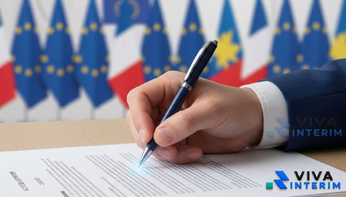 Signature d'un contrat devant des drapeaux de l'Union Européenne.