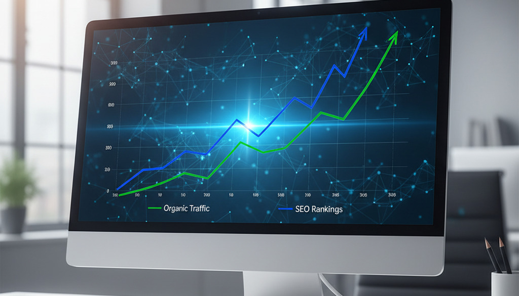 Website traffic and SEO ranking growth with AI strategies.