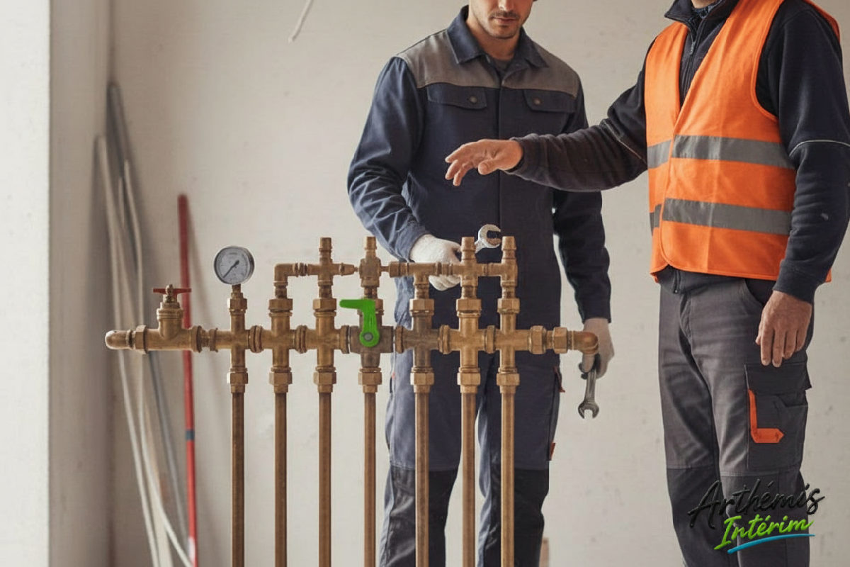 Chef de chantier français et plombier roumain discutent.