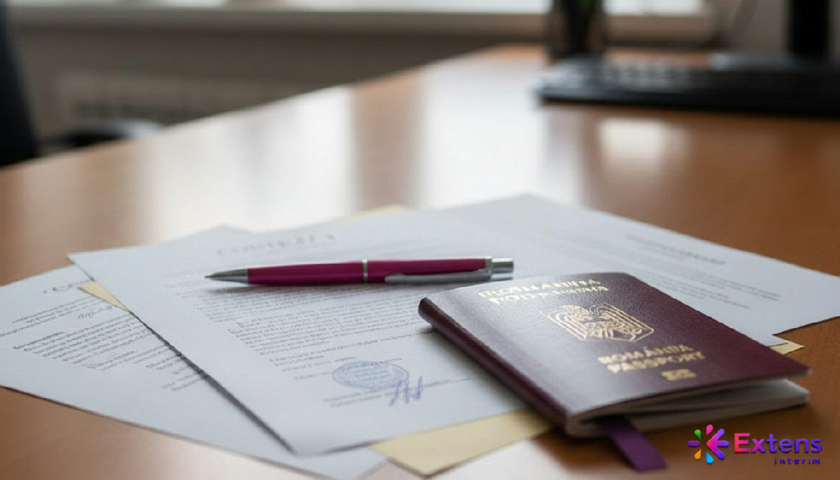 Documents contractuels et passeport européen, symbolisant la conformité légale.
