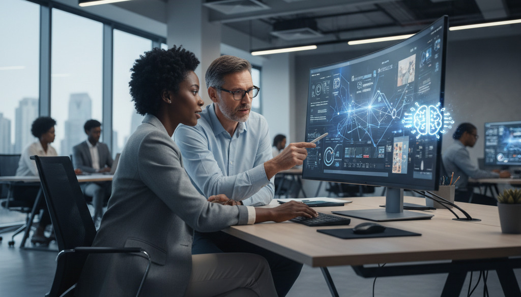 Business owner collaborating with AI on marketing plans.
