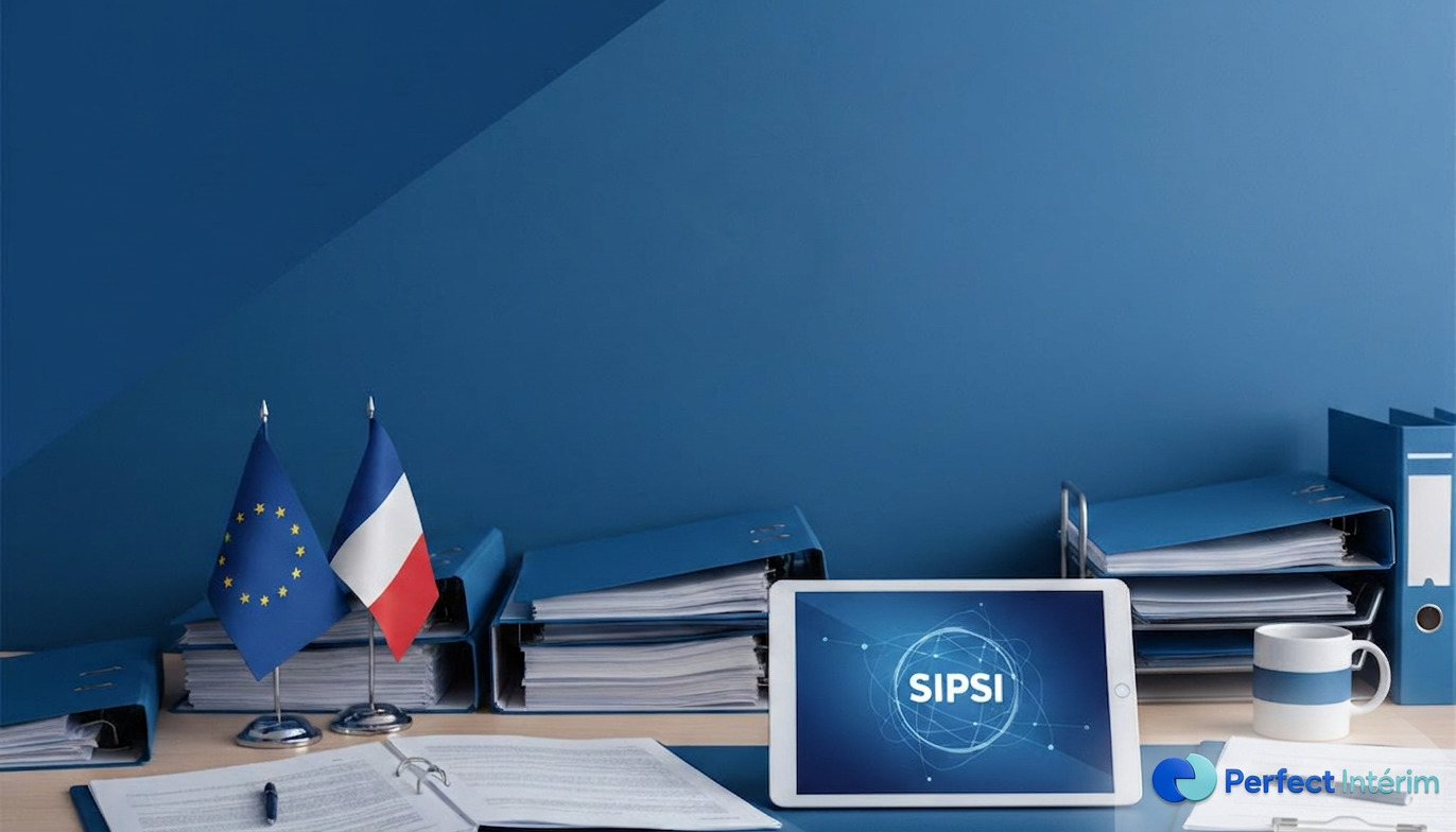 Bureau avec documents SIPSI, drapeaux européen et français.