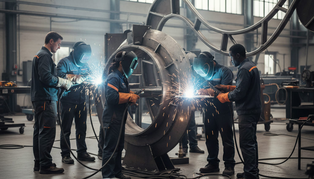 Atelier de chaudronnerie avec des soudeurs travaillant en équipe.