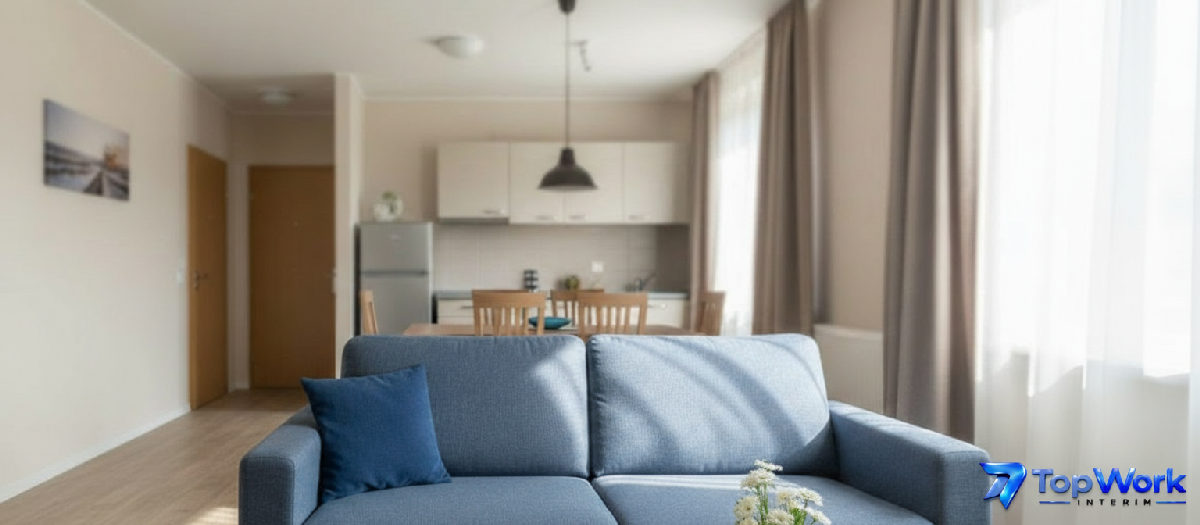 Intérieur d'un appartement meublé et propre pour travailleurs.