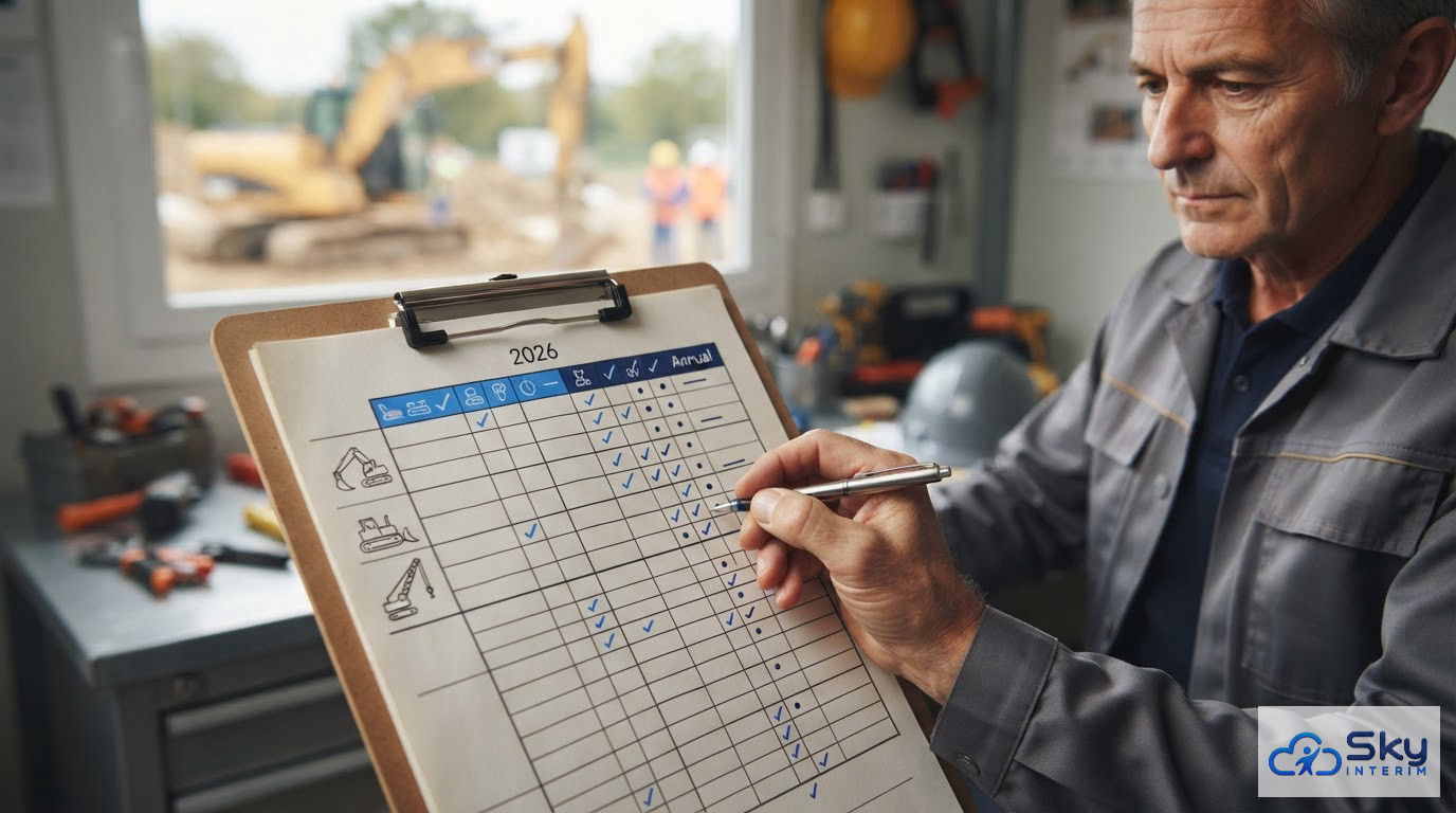 Tableau de bord numérique affichant le suivi de maintenance des engins de chantier.
