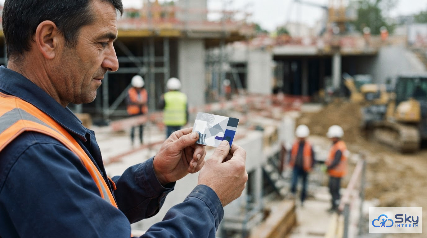Un ouvrier présente sa carte BTP sur fond de chantier actif.