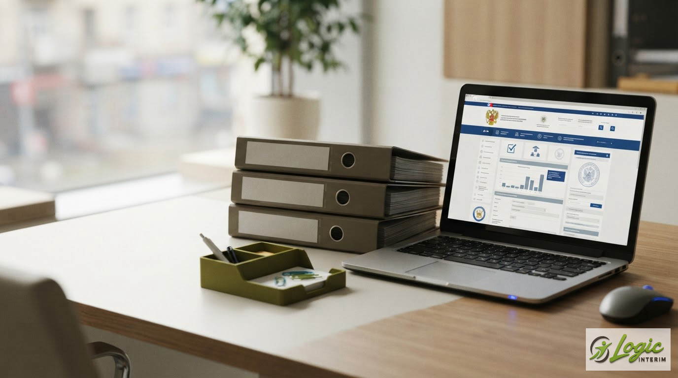 Bureau organisé avec des documents de conformité et le portail IGI.