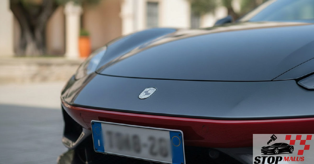 Plaque d'immatriculation italienne sur une voiture de sport moderne.