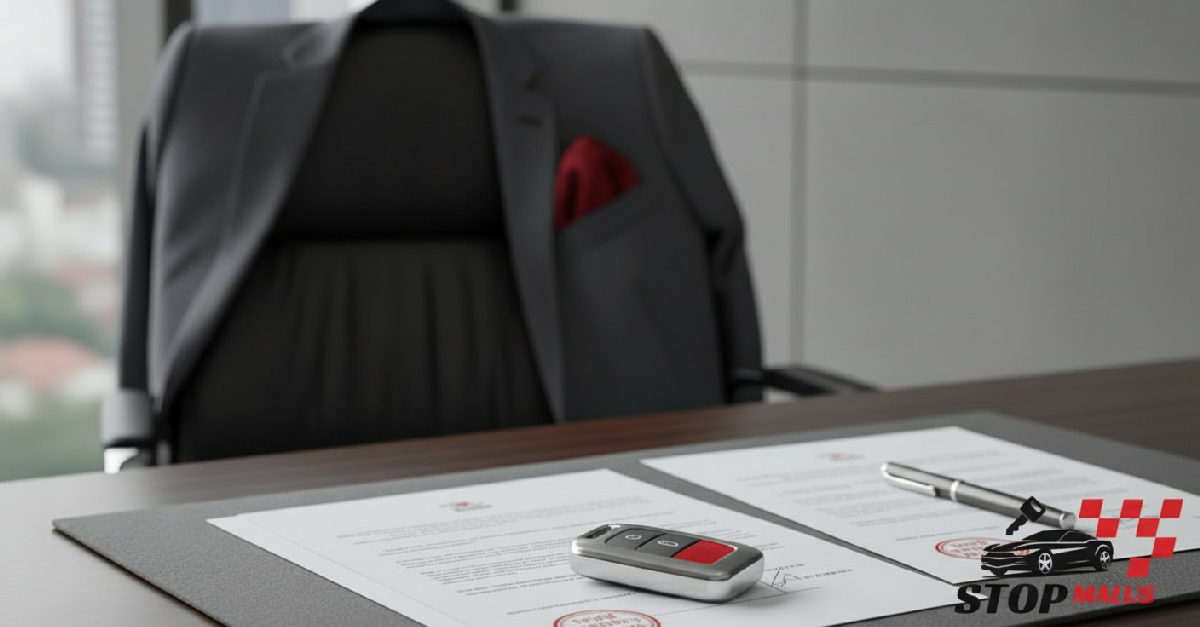 Bureau avec documents d'immatriculation et clé de voiture de luxe.