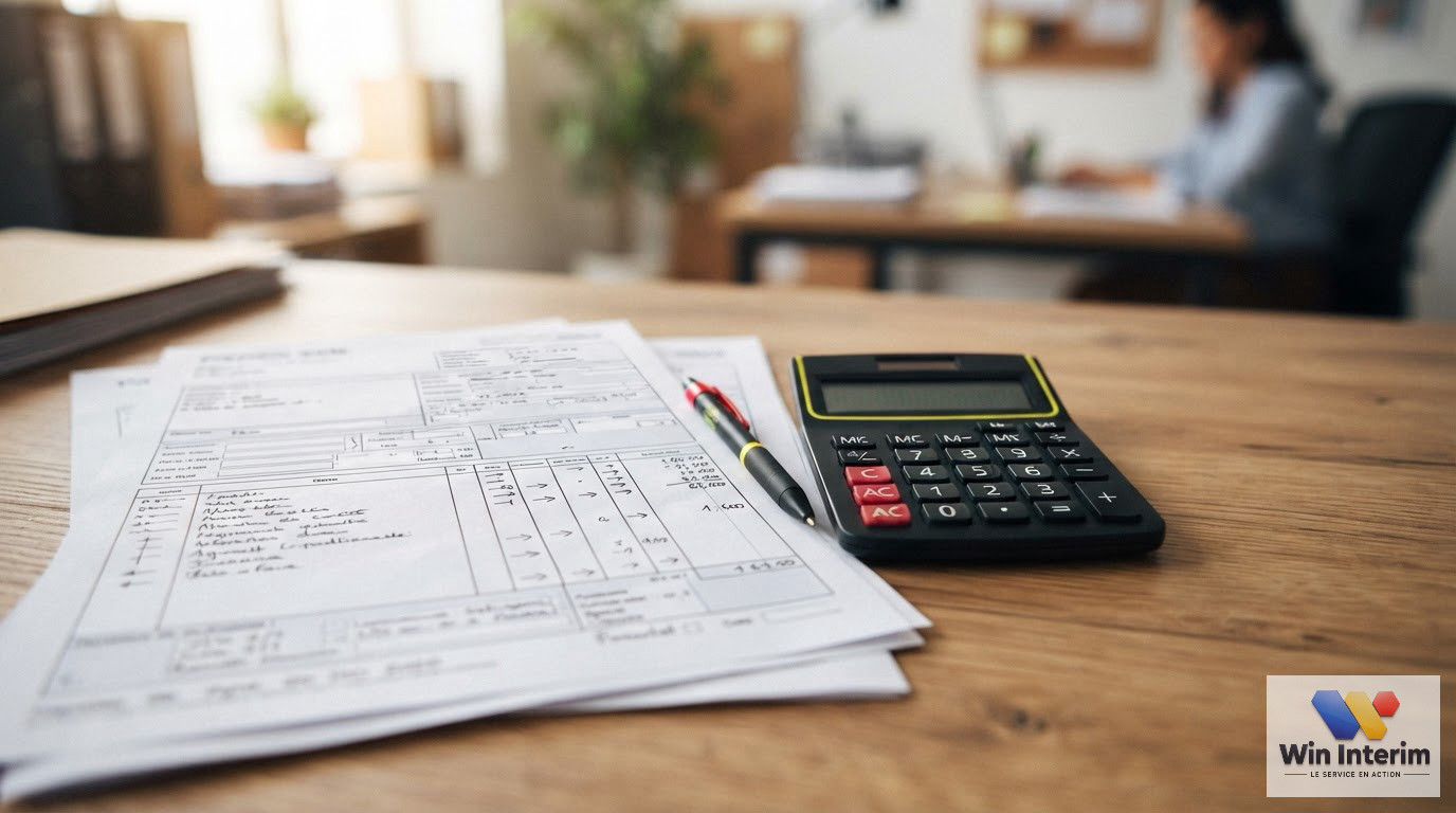 Gros plan sur une calculatrice et des fiches de paie professionnelles.