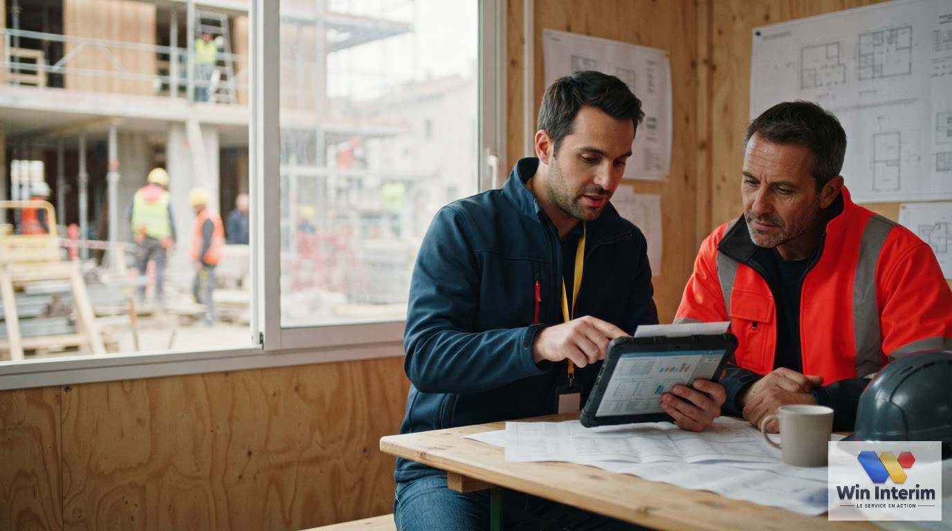 Un représentant et un chef de chantier discutant conformité sur une tablette.