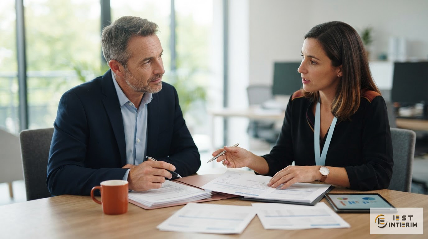 Un dirigeant de PME échangeant avec un conseiller autour de documents de paie internationaux.