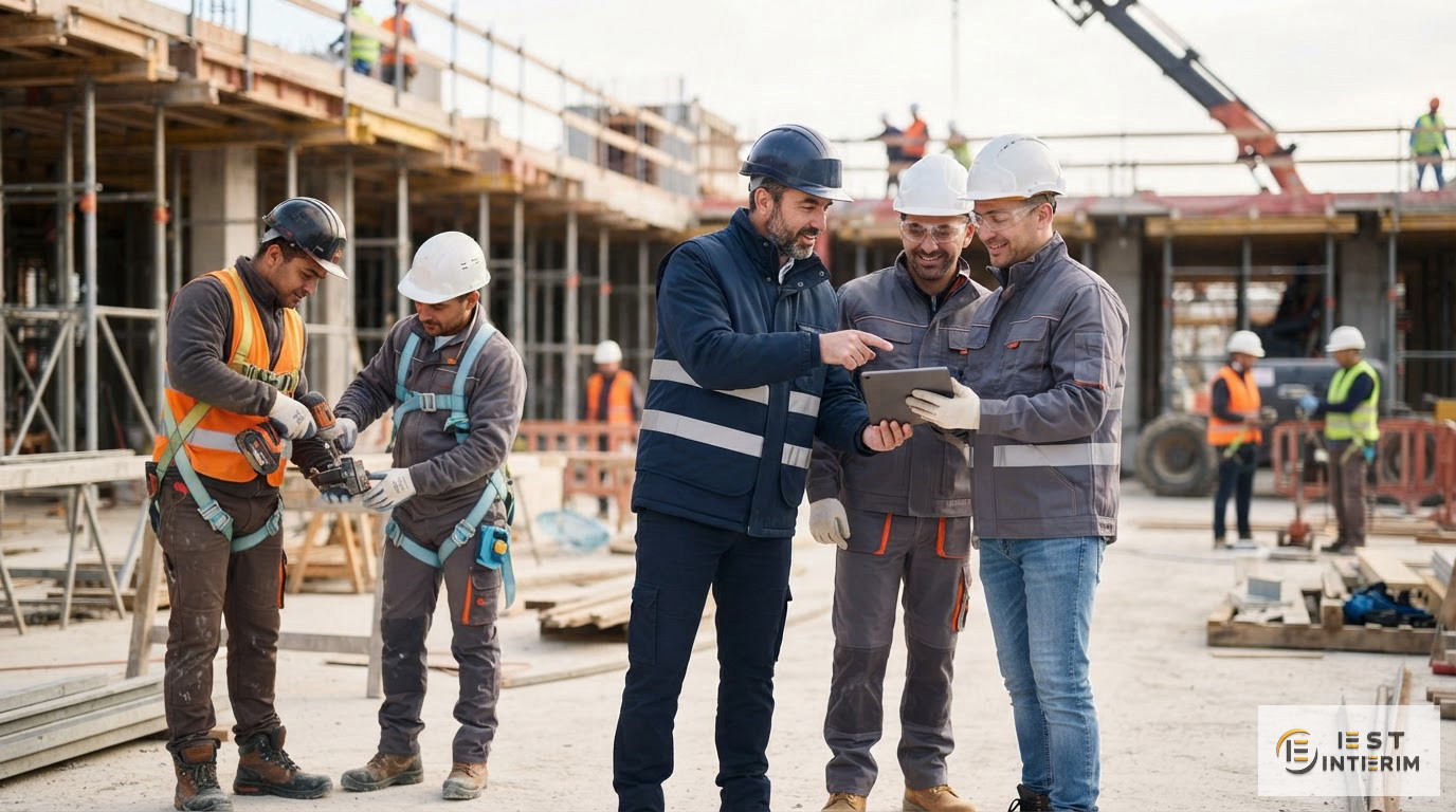 Une équipe internationale travaillant ensemble sur un chantier de construction en France.