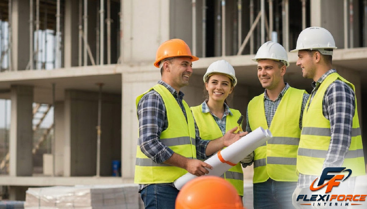 Chef de chantier satisfait devant un bâtiment en construction bien structuré par une équipe roumaine.