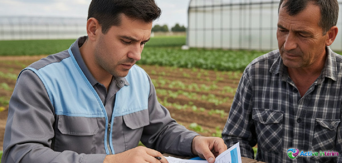 Technicien vérifiant des documents pour le recrutement d'ouvriers agricoles roumains.