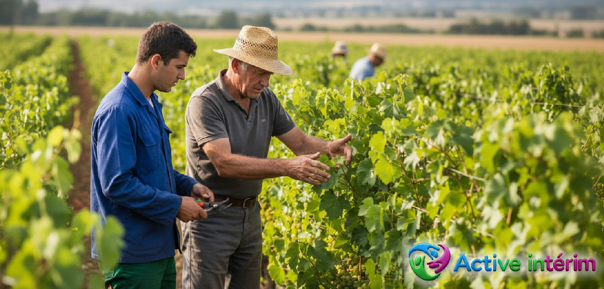 Formation agricole : exploitant français montrant une technique à un ouvrier roumain.