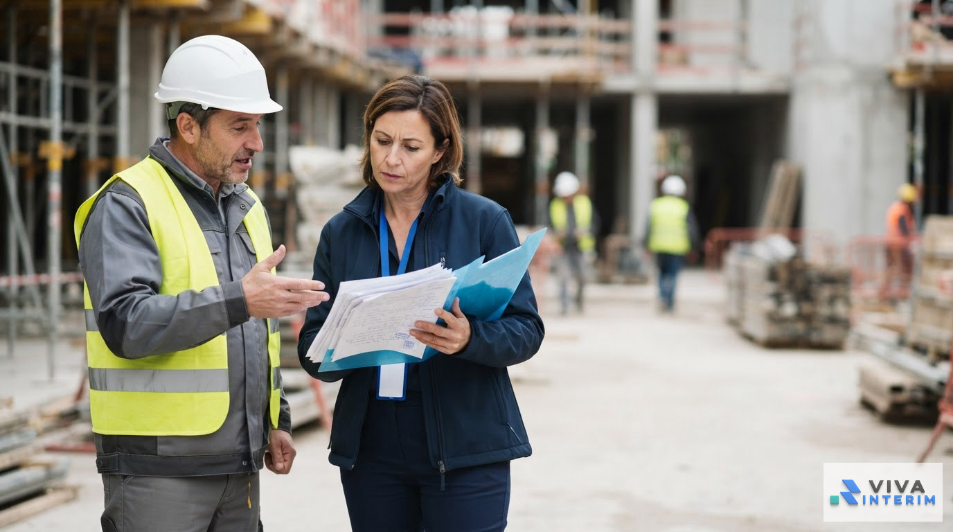 Un inspecteur du travail vérifiant la conformité des documents sur un chantier.
