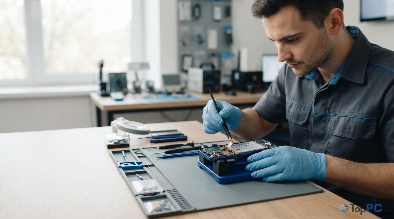 Technik v servise opatrne vymieňa batériu v smartfóne Samsung Galaxy A15.
