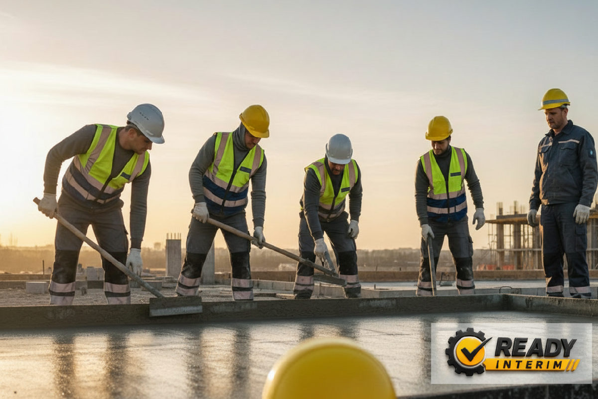 Ouvriers roumains travaillant sur une dalle de béton.