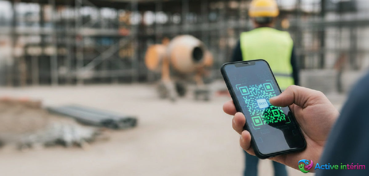 Main avec smartphone affichant QR code SIPSI devant un chantier.